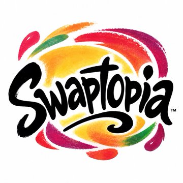 The 'Swaptopia' logo featuring colorful, brush-stroke swirls in orange, yellow, pink, and green behind stylized black lettering with a trademark symbol.