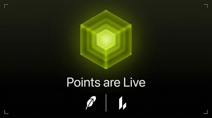 A glowing green hexagonal logo appears above the text "Points are Live," alongside icons resembling a feather and the Robinhood logo, promoting a new points-based campaign. The image visually supports the post's announcement about a points program being launched by Lighter via RobinhoodCrypto, featuring 11 million $LIT tokens as rewards.