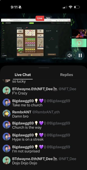Screenshot of a YouTube live stream showing a Pokémon-style NFT game interface with an active Live Chat featuring users like Bigdawgg69 and BTdwayne.Eth sending messages.