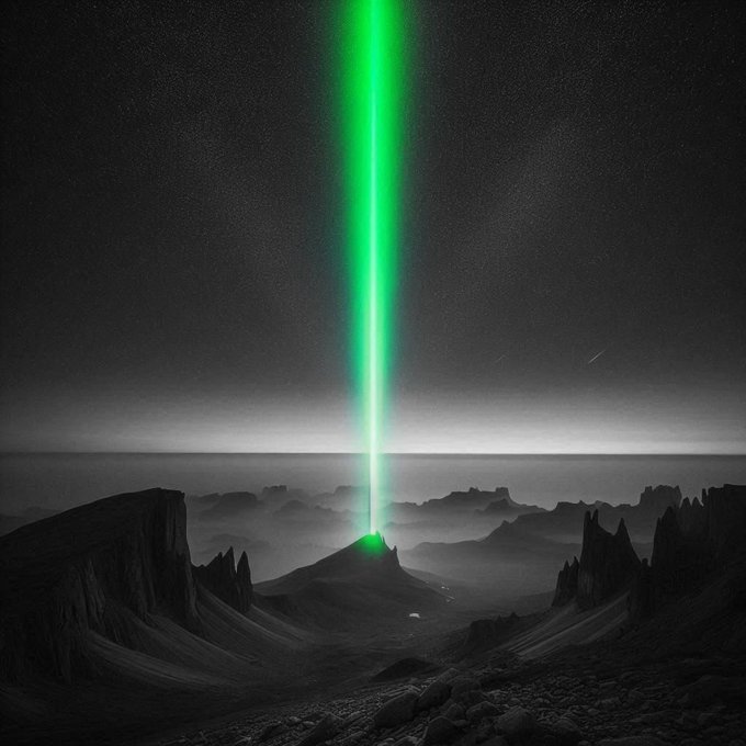 A dark, monochromatic alien landscape with jagged mountains and a misty horizon, illuminated by a vivid green beam of light shooting straight up into the night sky.