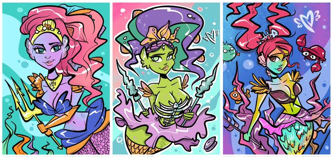 A triptych of colorful cartoon-style illustrations depicting underwater-themed Disney princesses as mermaids (Ariel-themed characters).