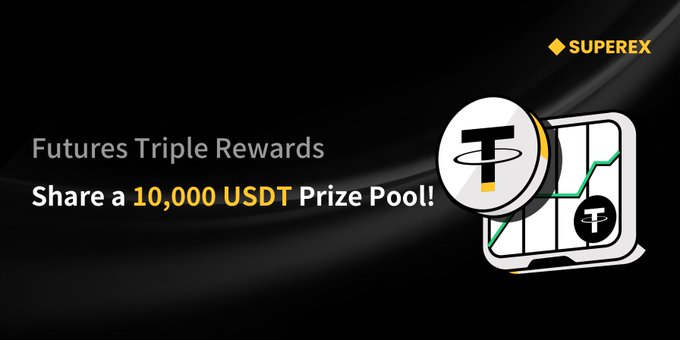 A SuperEx promotional banner announces "Futures Triple Rewards" with a 10,000 USDT prize pool, featuring a laptop graphic displaying a rising chart alongside Tether (USDT) coins. The image visually reinforces the post's call to action by highlighting the trading competition and reward tiers available on the platform.