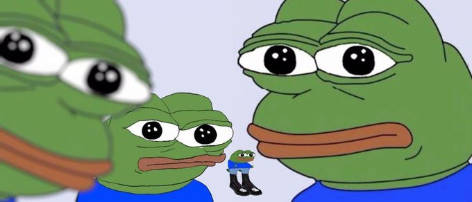 Three Pepe the Frog meme characters with large, expressive eyes staring forward against a gray background, with a much smaller version of Pepe standing between them.