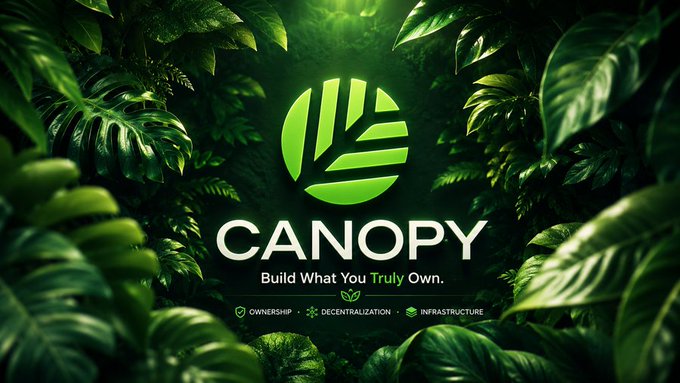 A promotional graphic for 'CANOPY' with the tagline 'Build What You Truly Own,' featuring three pillars: OWNERSHIP, DECENTRALIZATION, and INFRASTRUCTURE, set against a dark green tropical leaf background.