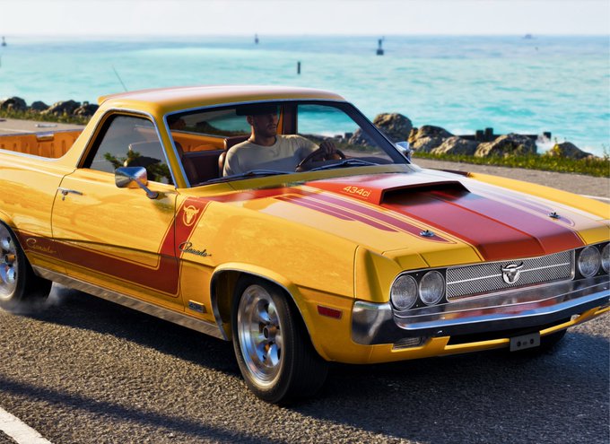 Photorealistic image of a yellow classic muscle car with red racing stripes driving along a coastal road beside the ocean.