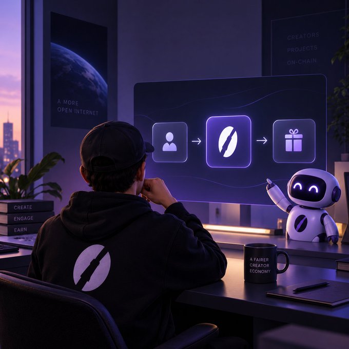 A person wearing a black hoodie and cap sits at a desk facing a screen displaying a flowchart (user icon → purple icon → gift box), accompanied by a small robot on the desk; the scene includes text "CREATORS PROJECTS ON-CHAIN," "A MORE OPEN INTERNET," and a mug reading "A FAIRER CREATOR ECONOMY."
