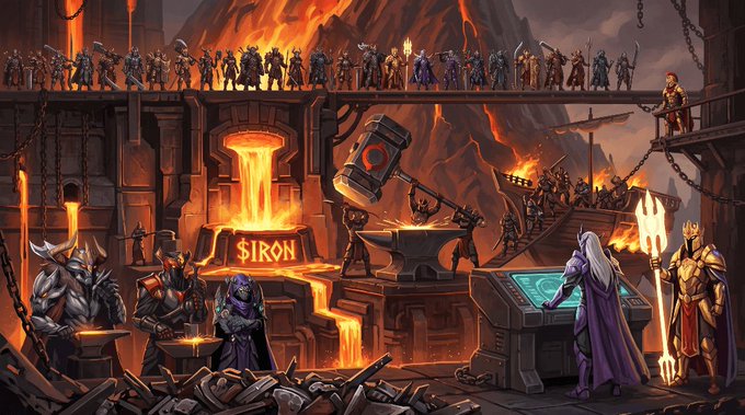 A fiery forge scene depicts dwarven smiths and warriors hammering weapons amid flowing lava, with the word "$IRON" glowing on stone near a central anvil, visually embodying the text's narrative of "101 masterpieces forged in fire" — each warrior and crafted blade representing the exclusive, hand-forged spirit of the $IRON project.