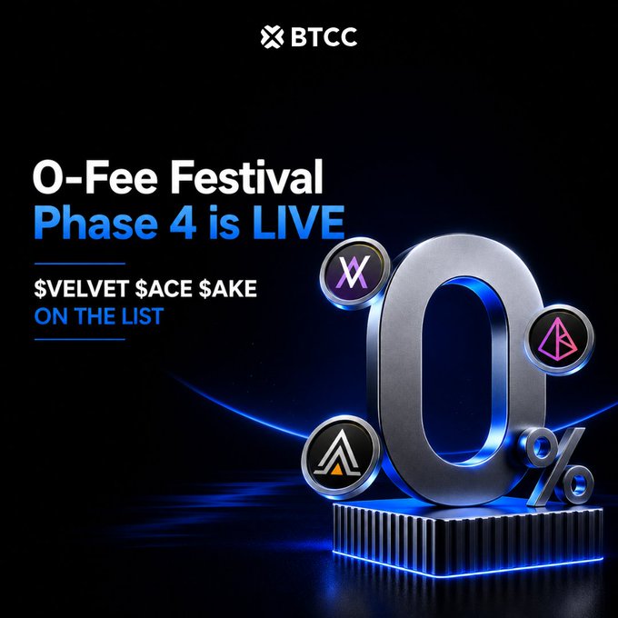 A promotional graphic for BTCC announcing '0-Fee Festival Phase 4 is LIVE' with '$VELVET $ACE $AKE ON THE LIST', featuring a large metallic '0%' sculpture surrounded by cryptocurrency logos.
