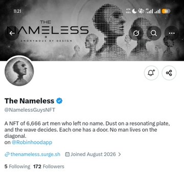 A screenshot of a Twitter profile for 'The Nameless' (@NamelessGuysNFT), described as a NFT collection of 6,666 art men, featuring a banner with the text 'THE NAMELESS - SYNTHWAVE BY DESIGN'.