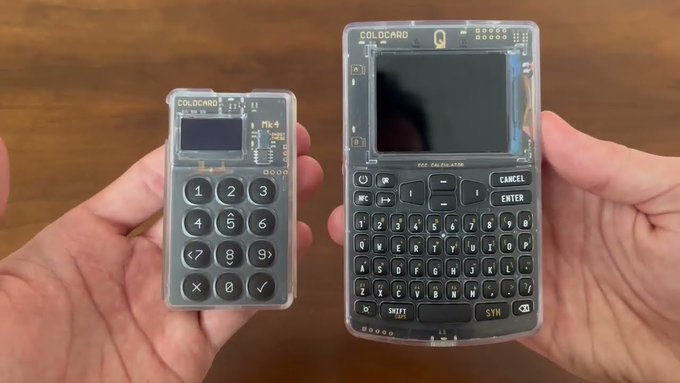 Two hands hold up a smaller "COLDCARD Mk4" device with a numeric keypad alongside a larger "COLDCARD Q" device with a full QWERTY keyboard, both featuring transparent cases that reveal their internal circuit boards. The image illustrates the post's point about the company's transparent hardware design, allowing users to visually verify the integrity of the device's components as a security measure against tampering.