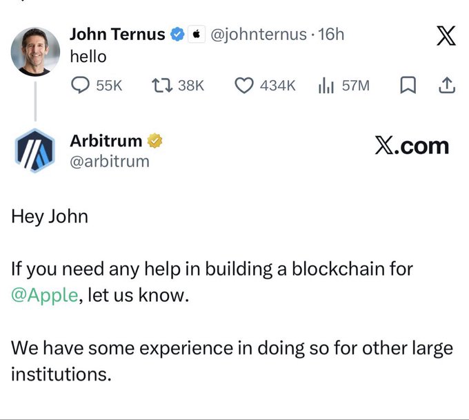 A screenshot showing a tweet exchange where John Ternus, Apple's hardware engineering executive, posts simply "hello" and receives a reply from Arbitrum (@arbitrum) offering blockchain-building services to Apple, referencing their experience with other large institutions. The accompanying commentary mocks someone's reluctance to engage with opportunities, using the Arbitrum-Apple interaction as an example of shooting one's shot with major players.