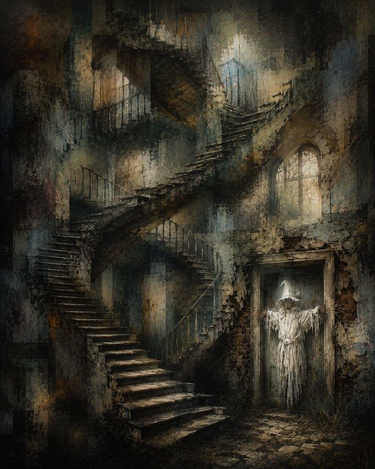 A dark, atmospheric painting depicts a crumbling interior with a winding stone staircase ascending through multiple levels, while a ghostly figure in tattered white robes and a pointed hood stands in a doorway illuminated by a window.