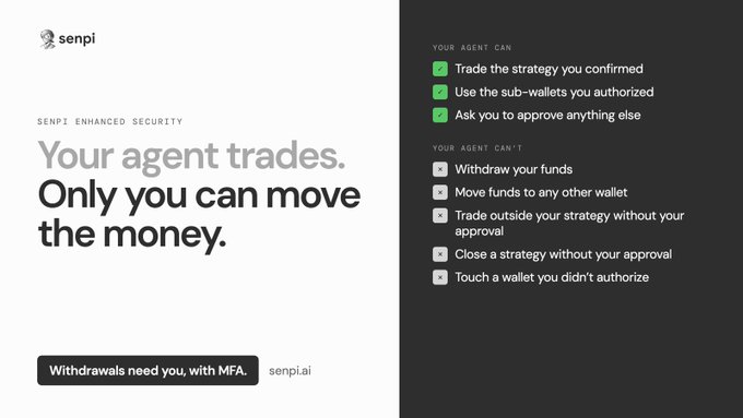 A promotional graphic for 'senpi' highlighting enhanced security features, with the headline 'Your agent trades. Only you can move the money,' and listing what the agent can and cannot do.