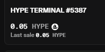 The image shows a "HYPE TERMINAL #5387" display indicating a token price of 0.05 HYPE, with a "Last sale 0.05 HYPE" noted below. This relates to the post by illustrating a low-value crypto trade where the buy and sell price of 0.05 HYPE resulted in no profit, prompting the poster's frustration about "jeets" (sell-offs) despite expectations of gains in the bull market.