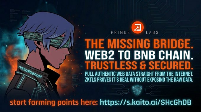 An anime-style character wearing a blindfold is shown beside a Primus Labs logo, with the text 'THE MISSING BRIDGE. WEB2 TO BNB CHAIN. TRUSTLESS & SECURED.' and a call to 'start farming points here' with a kaito.ai link.