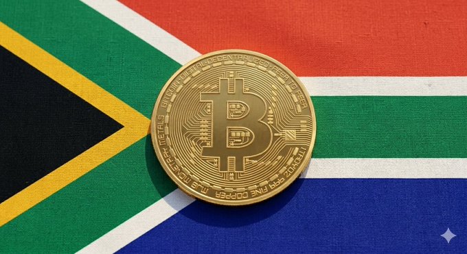 A golden Bitcoin coin rests on the South African flag, symbolizing the country's new crypto tax regulations that classify digital assets as intangible assets subject to taxation on trading, swapping, and spending.