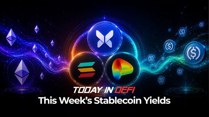 A digital banner for "TODAY IN DEFI" featuring the text "This Week's Stablecoin Yields", with logos for Ethereum, Solana, and other crypto tokens displayed in glowing blue spheres against a dark background.