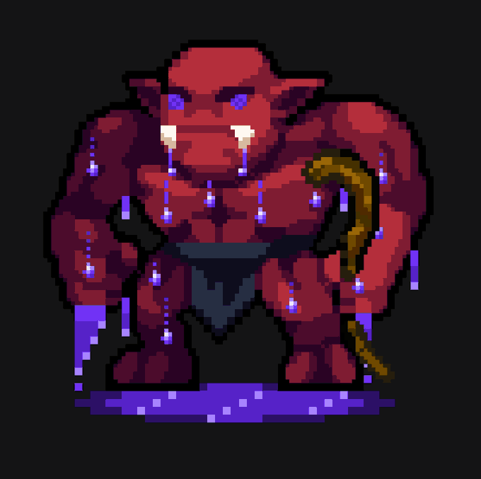 A pixel art illustration of a muscular red orc with glowing purple accents and tusks, holding a bow and standing on a purple liquid base. The image ties into the post's celebration of scoring a rare "blood red" orc NFT on the OrcsOnINK platform, with the orc's crimson coloring and purple dripping effects visually representing the prized $1400 trait.