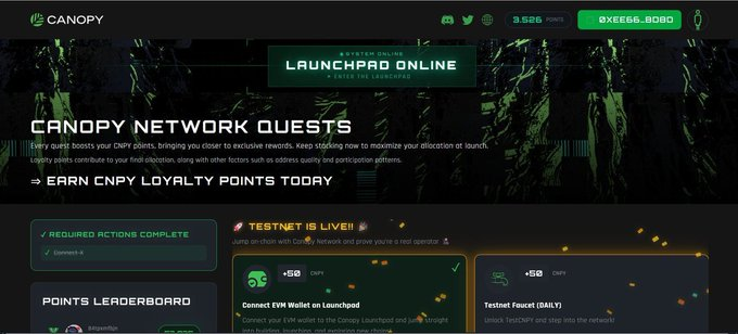 A dark-themed webpage for 'Canopy Network Quests' about Launchpad Online, encouraging users to earn CNPY loyalty points by connecting an EVM wallet, checking faucets, and participating in testnet activities.