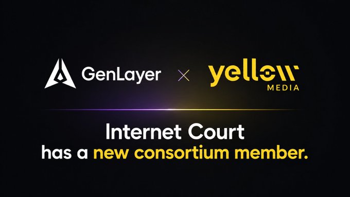 A promotional graphic on black background announcing 'GenLayer x yellow MEDIA' with the text 'Internet Court has a new consortium member.'