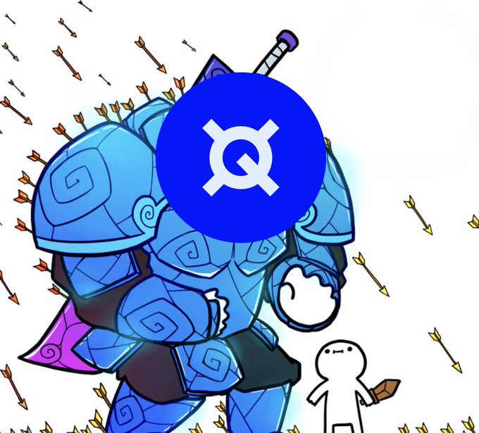 The image features two characters - one large blue robot with armor, and another smaller white character holding an object. The background of the image is filled with numerous arrows flying through the air, creating a sense of chaos or danger. The caption below the image reads "Exactly why supporting Ethereum security matters. The ecosystem keeps evolving, and so do the challenges." This message emphasizes the importance of supporting and maintaining the security of the Ethereum blockchain to address the ever-evolving threats in the cryptocurrency space.