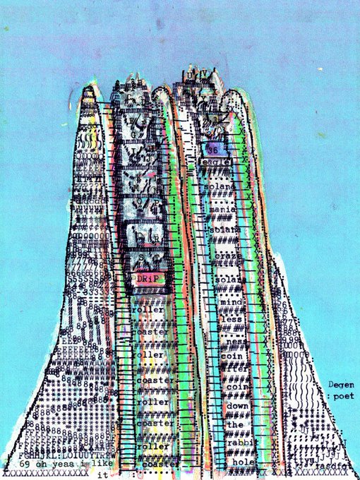 A colorful mixed-media artwork resembling a tower or castle made from overlapping typewriter text and ASCII patterns, featuring words like 'roller coaster', 'rabbit hole', 'less', 'mind', 'coin', 'down', and 'Degen : poet' on the right side.