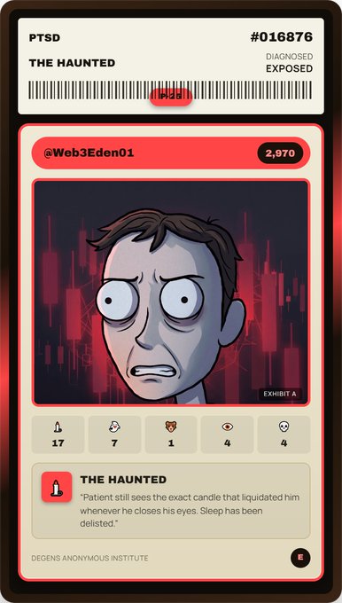 A digital collectible card (#016876) titled "THE HAUNTED" from the PTSD collection by @Web3Eden01 depicts a wide-eyed, distressed cartoon figure against a red candlestick chart background, with the caption noting that the "Patient still sees the exact candle that liquidated him whenever he closes his eyes. Sleep has been delisted."

The image visually reinforces the post's message by portraying PTSD as the haunting aftermath of crypto liquidations—transforming market trauma into an on-chain identity artifact rather than a vague future promise.