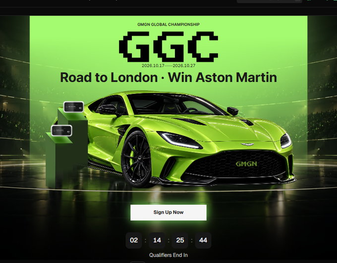 A bright green motorsport promotion displays an Aston Martin beneath “GGCC,” “GMGN GLOBAL CHAMPIONSHIP,” “2026.10.17 — 2026.10.27,” and “Road to London · Win Aston Martin,” with a “Sign Up Now” button and countdown numbers.