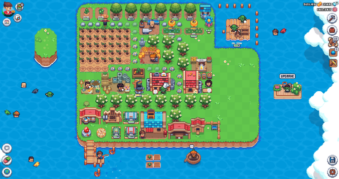 A screenshot of the farming game Littlewood showing a developed island base with crops, trees, buildings, and characters.