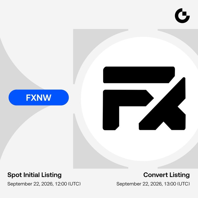 A sleek announcement graphic for FXNW's upcoming exchange listings, featuring the ticker "FXNW" in a blue badge alongside a bold black "FX" logo, with details stating a Spot Initial Listing on September 22, 2026 at 12:00 UTC and a Convert Listing one hour later at 13:00 UTC—aligning with the post's confirmation of FXNW's Gate.com and Lbank.com debut at 12pm UTC on September 22nd.