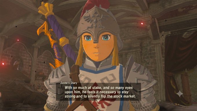 A screenshot from The Legend of Zelda: Breath of the Wild showing Zelda's Diary text box which reads, 'With so much at stake, and so many eyes upon him, he feels it necessary to stay strong and to silently flip the stock market.'