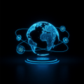 A stylized blue holographic globe surrounded by various cryptocurrency icons floating against a dark background, representing global digital finance.