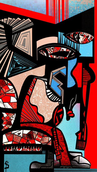 A cubist-style artwork in bold red, blue, and black tones featuring fragmented geometric shapes, a stylized face with a mustache, and the signature "LS" in the lower left corner.
