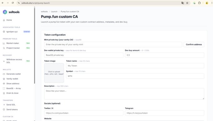 A screenshot of the soltools.site website showing a 'Pump.fun custom CA' token configuration form with fields for mint private key, token image, name, symbol, description, and social links.
