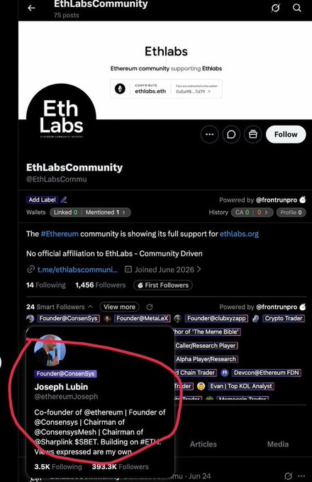 A Twitter/X profile for 'EthLabsCommunity' (@EthLabsCommu) with a red circle highlighting the profile of 'Joseph Lubin' (@ethereumJoseph), identified as Co-founder of Ethereum and Founder of Consensys.