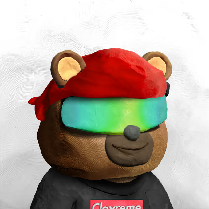 A 3D-rendered cartoon bear wearing a red bandana and futuristic teal visor smiles in front of a white background, with a "Clayreme" logo visible on its black shirt. The image fits the post's hype for the $ETH token launch by @ClayStonKz, with the "Clayreme" branding tying directly to the project's identity.