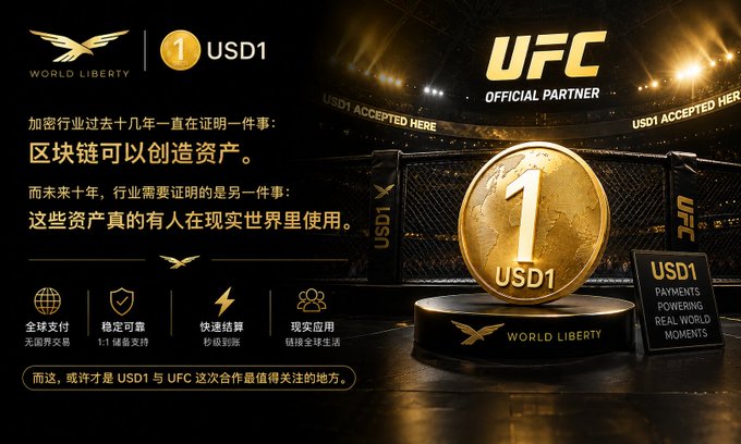 The image features a gold coin with the number 1 on it, placed on top of a podium. The background of the image is black, which contrasts with the gold color of the coin. The text "World Liberty" can be seen at the bottom left corner and "1 USDC" in the center right part of the image.