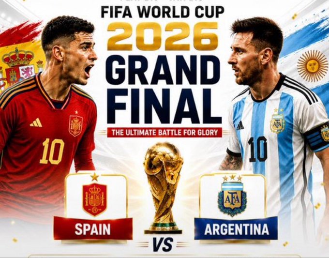 A promotional graphic for the FIFA World Cup 2026 Grand Final featuring Spain vs Argentina with players wearing jersey number 10.