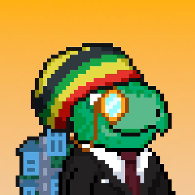 A pixel art illustration shows a green turtle wearing a yellow, green, and red knit hat, round glasses, and a suit, set against an orange gradient background.