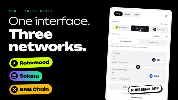 A promotional graphic for puresend.app advertises a multi-chain crypto interface supporting Robinhood, Solana, and BNB Chain networks.