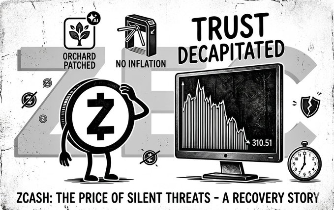 The image features a cartoon depiction of a Zcash coin with a price tag that reads "The Price of Silent Threats - A Recovery Story". This humorous cartoon character, which appears to be a bug, is shown holding a $ZEC sign in its hand and pointing it towards a computer monitor displaying a graph. The text on the image suggests that there was an overnight crash in the Zcash network, causing a significant loss of value for users who invested in the cryptocurrency.