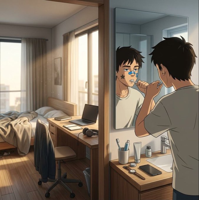 An anime-style illustration of a young man with dark hair brushing his teeth in front of a bathroom mirror, with star-shaped stickers on his face.