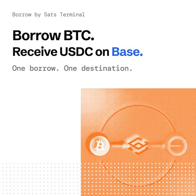 A promotional graphic for Sats Terminal advertising borrowing BTC to receive USDC on Base, with the text 'Borrow by Sats Terminal, Borrow BTC. Receive USDC on Base. One borrow. One destination.' alongside icons of Bitcoin and another symbol.
