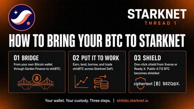An informational graphic titled 'STARKNET THREAD 1: HOW TO BRING YOUR BTC TO STARKNET' outlining three steps: Bridge (strkBTC), Put it to Work (DeFi), and Shield (Xverse/Ready X wallet), with website strkbtc.starknet.io.