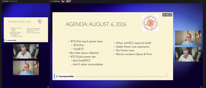 A presentation titled "AGENDA: AUGUST 6, 2026" displays the Primal Investor logo and outlines topics including BTC/Fiat power laws, BTC/Gold comparisons, Stable Power Law exponents, Ten Power Laws, and Bitcoin's conquest of Space & Time, while participants appear in a video call interface.