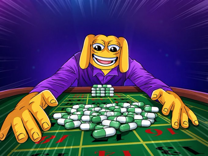 A cartoon dog character wearing a purple shirt smiles broadly while sitting at a roulette table stacked high with green and white pills.