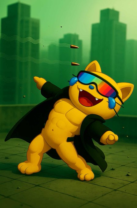 An animated yellow cat-like character wearing sunglasses and a black cape points dramatically in a green city setting.