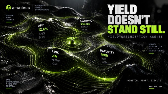 A promotional graphic for "amadeus AUTONOMOUS FINANCE INFRASTRUCTURE" with the headline "YIELD DOESN'T STAND STILL. YIELD OPTIMIZATION AGENTS," displaying metrics like APY 12.6%, Liquidity $48.3M, Risk Low, and Maturity 180D.
