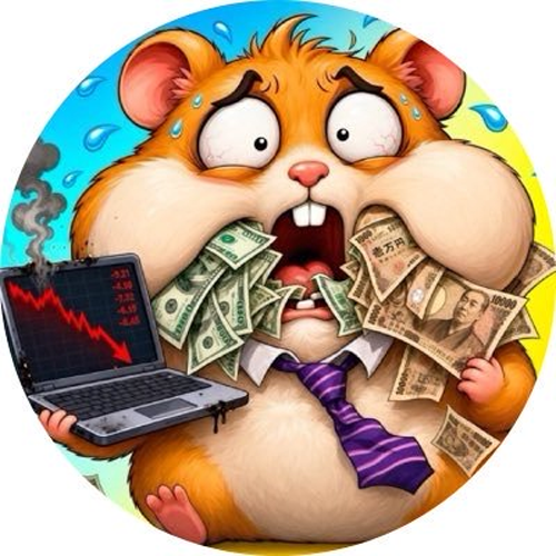 A cartoon hamster with bulging, panicked eyes and a sweat-drenched face clutches American dollar bills and Japanese yen notes while holding a laptop displaying a plummeting red stock chart, symbolizing financial distress and dramatic market losses. The image's theme of panicked trading ties into the post's launch announcement of "$HAMSTERUNITE" on the Robinhood Chain.