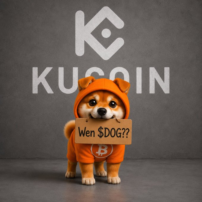 A cartoon-style image of a Shiba Inu dog wearing an orange hoodie and holding a cardboard sign that reads 'Wen $DOG??', with a Bitcoin logo on its outfit and the KuCoin logo in the background.